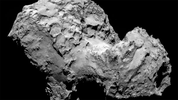 black and white image of the rocky, uneven surface of a comet