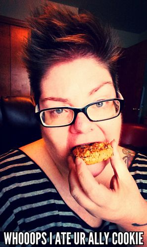 image of me eating a cookie, to which I've added text reading: 'WHOOOPS I ATE UR ALLY COOKIE'