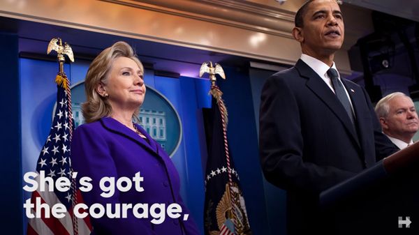 image of President Obama standing at a podium, with Hillary Clinton beside him, with text reading: 'She's got the courage'