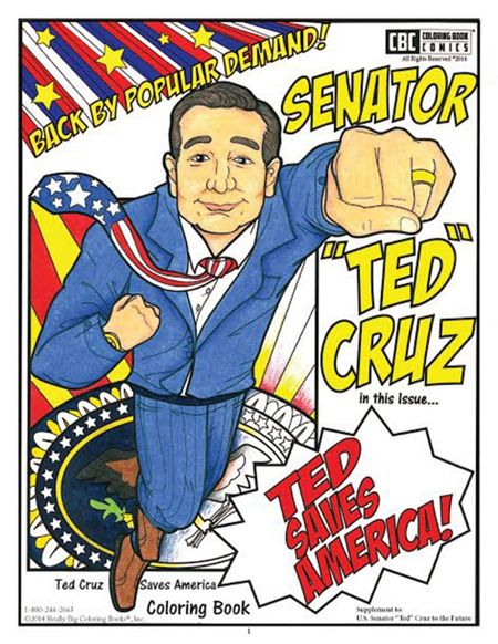 comic book image of Senator Ted Cruz wearing a blue suit an a US flag tie, in the Superman flying position, with his forward hand prominently displaying a gold wedding band, surrounded by comic text reading: Back by popular demand! Senator Ted Cruz: Ted Saves America!