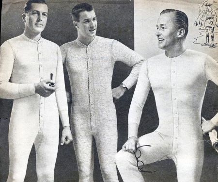 image of a black and white catalog advert featuring men wearing union suits, aka white long-johns