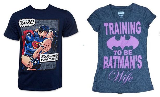 image of a men's t-shirt featuring Superman bending Wonder Woman backwards for a kiss, accompanied by comic text reading: 'SCORE! Superman does it again!' and a women's t-shirt featuring the Batman logo with text reading: 'TRAINING to be Batman's wife.'