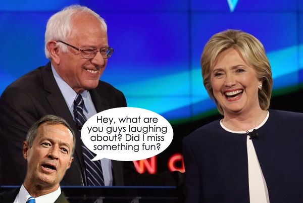 image of Bernie Sanders and Hillary Clinton at a previous debate, laughing; I have inserted Martin O'Malley peeking his head in from the bottom left corner saying, 'Hey, what are you guys laughing about? Did I miss something fun?'
