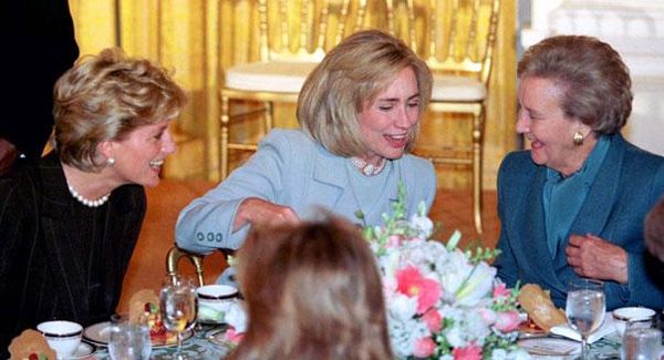 image of Hillary Clinton sitting at a table with Princess Diana and an older white woman who I don't recognize at a luncheon, many years ago