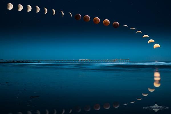 time-lapse image of a blood moon eclipse over a beach