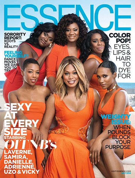 the cover of the July 2015 issue of Essence, featuring Uzo Aduba, Danielle Brooks, Laverne Cox, Vicky Jeudy, Adrienne C. Moore, and Samira Wiley, all black women, all of different sizes, all wearing different shades of the color orange