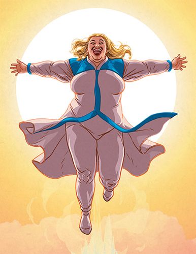 image of the character of Faith, flying in the sky, her arms wide, smiling broadly