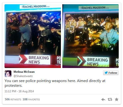 screen cap of a tweet authored by me reading 'You can see police pointing weapons here. Aimed directly at protesters.' and showing two images of police holding up assault weapons