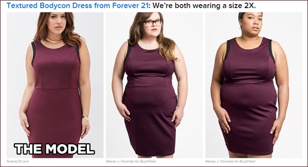 image from a catalog of a model wearing an eggplant-colored dress, next to an image of Kristin, an in-betweenie white women wearing the same dress, next to an image of Sheridan, an in-betweenie black woman wearing the same dress; the dress appears to fit well and lay smoothly on the model, but is bunchy and tight on the two women