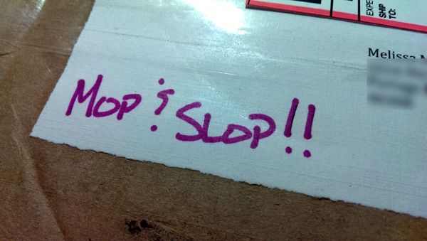 image of box with Mop & Slop!!! written on it in purple