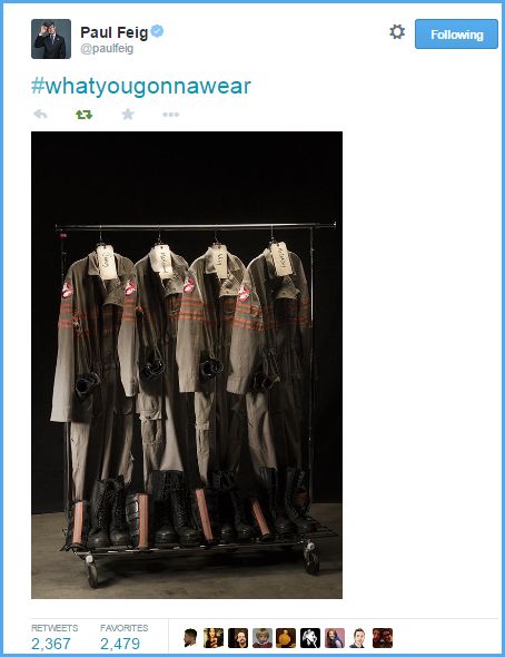 screen cap of a tweet authored by Paul Feig, featuring a picture of the new Ghostbusters uniforms, labeled #whatyougonnawear