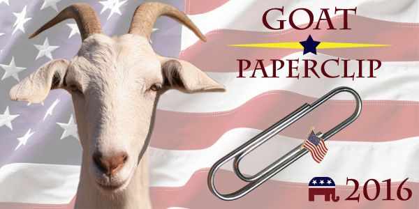 campaign poster for a 2016  GOP presidential ticket featuring a goat and a paperclip wearing a flag lapel pin
