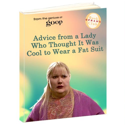 image of a fake book cover I've photoshopped with a still from the film 'Shallow Hal' in which Gwyneth Paltrow wore a fat suit, and the title 'Advice from a Lady Who Thought It Was Cool to Wear a Fat Suit'