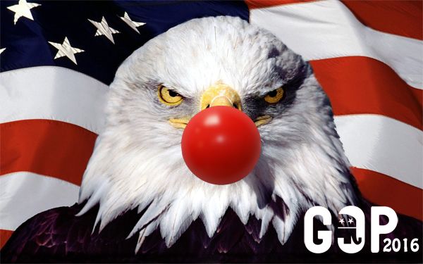 image of an angry-looking bald eagle wearing a clown nose standing in front of a US flag, with text in the corner reading GOP 2016