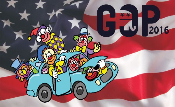 image of a cartoon clown car with a US flag background and text reading GOP 2016