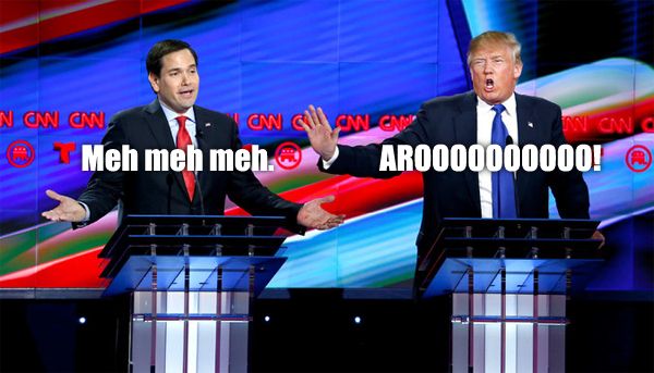 photo from the GOP debate in which Marco Rubio is standing at his podium shrugging and Donald Trump is standing at his podium screaming, to which I've added text indicating that Rubio is saying 'Meh meh meh.' and Trump is saying 'AROOOOOOOOOOO!'