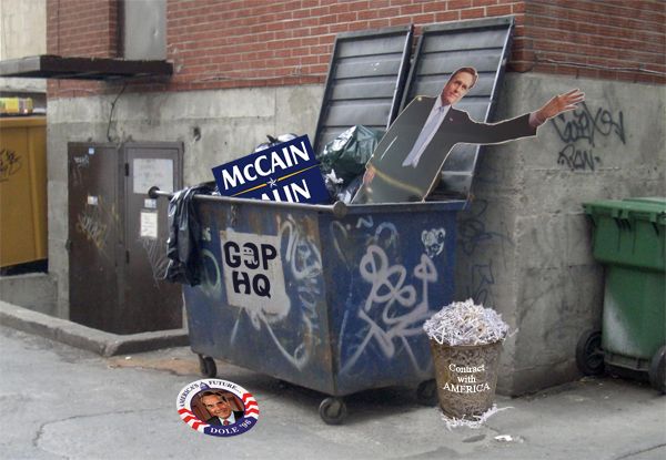 image of a dumpster labeled 'GOP HQ' with a cut-out of Mitt Romney and a McCain-Palin sign sticking out of it, and an 'America's Future Dole 96' button and a bin full of shredded paper labled 'Contract with America' lying on the ground beside it