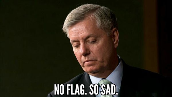 image of Senator Lindsey Graham, with his face tilted downward looking sad in front of a dark background, to which I've added text reading: 'No flag. So sad.'
