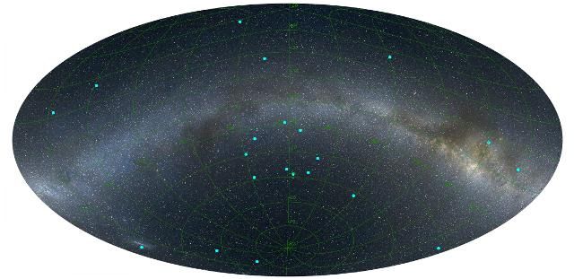 image of 'the distribution of GRBs on the sky at a distance of 7 billion light years, centred on the newly discovered ring'