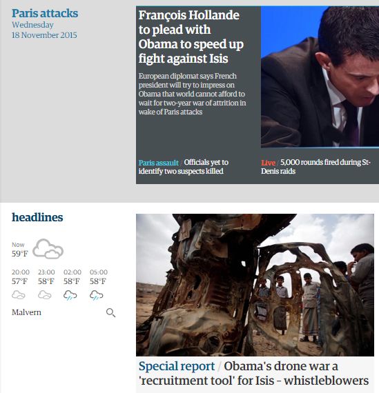 screen cap showing the juxtaposition of two articles headlined 'Hollande to plead with Obama to speed up fight against ISIS' and 'Special report: Obama's drone war a recruitment tool for ISIS'