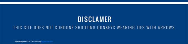 screen cap of the bottom of the page featuring text reading: 'DISCLAMER: THIS SITE DOES NOT CONDONE SHOOTING DONKEYS WEARING TIES WITH ARROWS.'