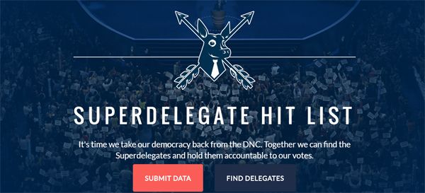 screen cap of the top of the Superdelegate Hit List page featuring a logo of a donkey with arrows crossed through it and text reading: 'SUPERDELEGATE HIT LIST: It's time we take our democracy back from the DNC. Together we can find the Superdelegates and hold them accountable to our votes.' There are also buttons labeled 'Submit Data' and 'Find Delegates.'