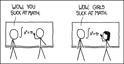 two panel comic; in the first, two male stick figures are standing at a board with one doing math and the other says 'Wow, you suck at math'; in the second, one male and one female stick figure are standing at a board with the female figure doing math and the male figures says 'Wow, girls suck at math.'
