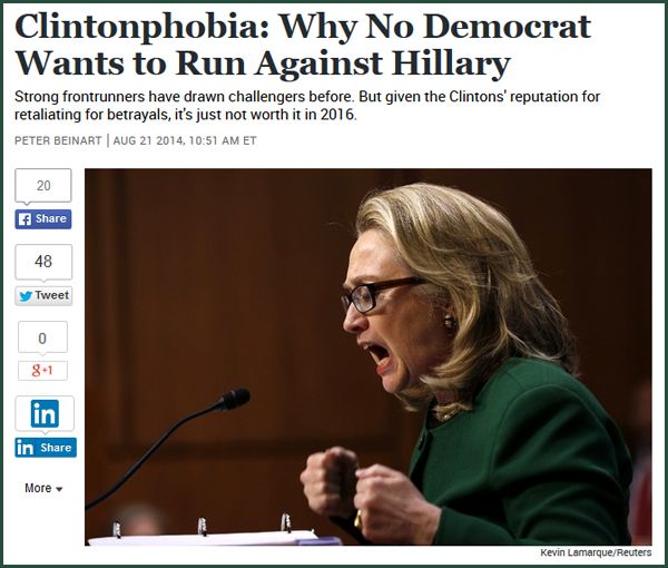 screenshot of headline reading: 'Clintonphobia: Why No Democrat Wants to Run Against Hillary' and subhead reading: 'Strong frontrunners have drawn challengers before. But given the Clintons' reputation for retaliating for betrayals, it's just not worth it in 2016.' accompanied by image of Hillary Clinton in a green suit yelling while making two fists with her hands