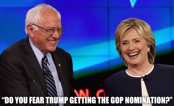 image of Bernie Sanders and Hillary Clinton standing beside each other at a debate, laughing, to which I've added text reading: 'Do you fear Trump getting the GOP nomination?'