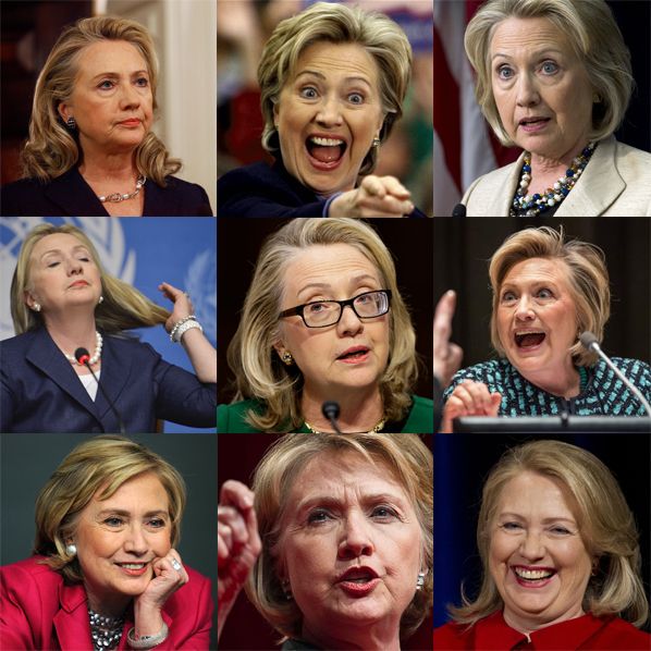 series of images of Hillary Clinton making different excited, angry, happy, thoughtful expressions