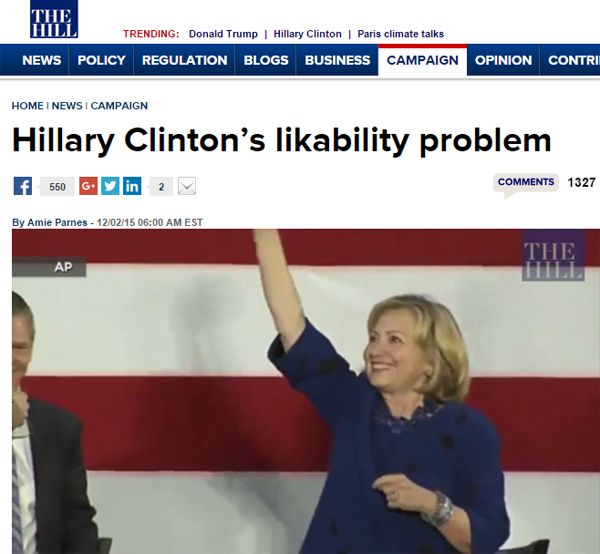 screen cap of a headline with accompanying video on The Hill, reading 'Hillary Clinton's likability problem'