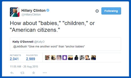 screen cap of tweet authored by Clinton, referencing Bush's request for different terminology and replying: 'How about 'babies,' 'children,' or 'American citizens.''