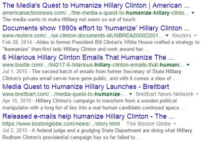 screen cap of partial Google results for 'Hillary humanize'