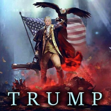 image of Donald Trump as George Washington with a bald eagle on his arm and a machine gun in his other hand