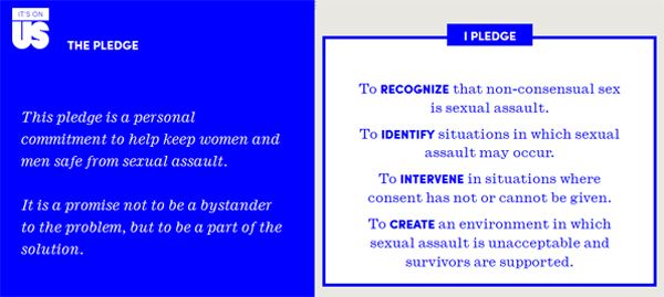 screen cap of pledge, reading: 'THE PLEDGE: This pledge is a personal commitment to help keep women and men safe from sexual assault. It is a promise not to be a bystander to the problem, but to be a part of the solution. | I PLEDGE: To recognize that non-consensual sex is sexual assault. To identify situations in which sexual assault may occur. To intervene in situations where consent has not or cannot be given. To create an environment in which sexual assault is unacceptable and survivors are supported.'
