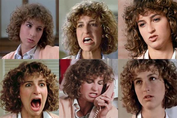 collage of images of Jennifer Grey as Jeanie Bueller, looking exasperated and angry