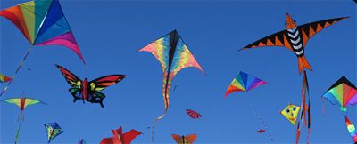 image of a blue sky full of colorful kites