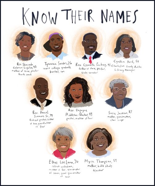 illustration by Sarah Green of the nine victims of the AME shooting, with their faces, names, ages, and mini-bios