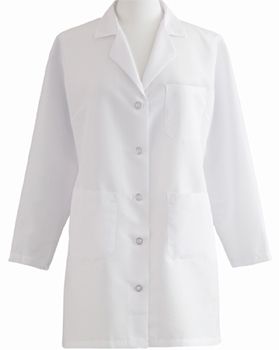 image of a 'woman's cut' white lab coat on a mannequin