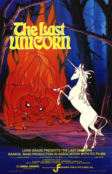 image of the movie poster for the 1982 animated feature, The Last Unicorn.