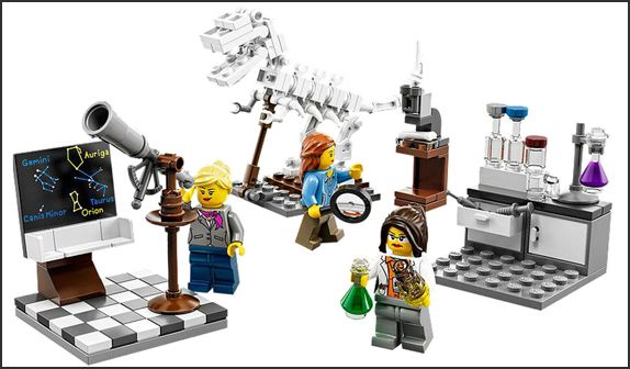 image of a science-centered Lego set, with three female figurines
