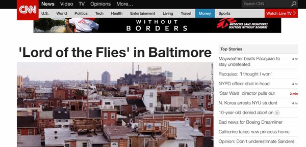screen cap of the front page of CNN.com with a huge headline reading: 'Lord of the Flies in Baltimore'