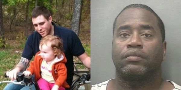 left: an image of a young white man playing with his young white daughter; right: an image of a black man in a mugshot