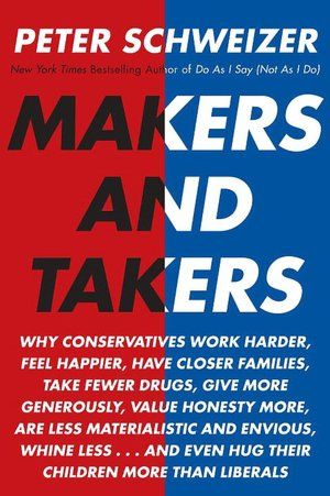 image of the cover of a book bearing the title: 'Makers and Takers: Why Conservatives Work Harder, Feel Happier, Have Closer Families, Take Fewer Drugs, Give More Generously, Value Honesty More, Are Less Materialistic and Envious, Whine Less...and Even Hug Their Children More Than Liberals'