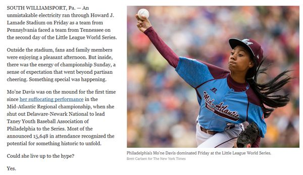 screen cap of NYT article, including image of Mo'Ne pitching