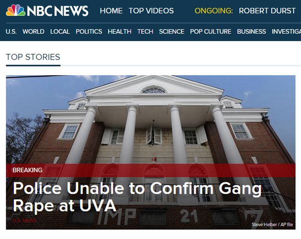 screen cap of story tease with headline reading: 'Police Unable to Confirm Gang Rape at UVA'