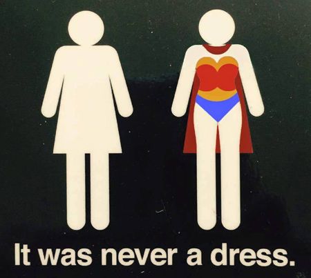 image of a women's bathroom symbol, in which the dress is revealed to be a superhero cape, and Wonder Woman's outfit is drawn on the body