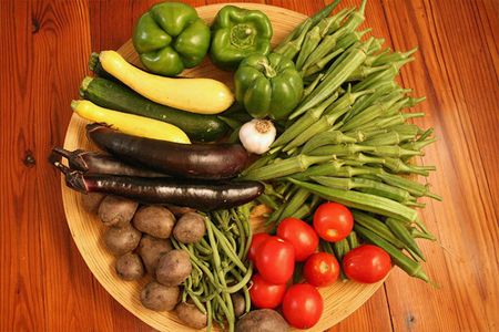 image of a plate containing vegetables in the nightshades family: peppers, potatoes, tomatoes, etc.