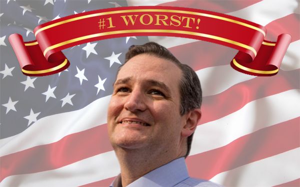 image of Ted Cruz's face on a US flag background, with a banner over his head reading '#1 Worst!'