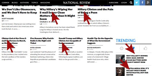 screenshot of headlines at the National Review, to which I've added arrows pointing to SIX headlines about Hillary Clinton